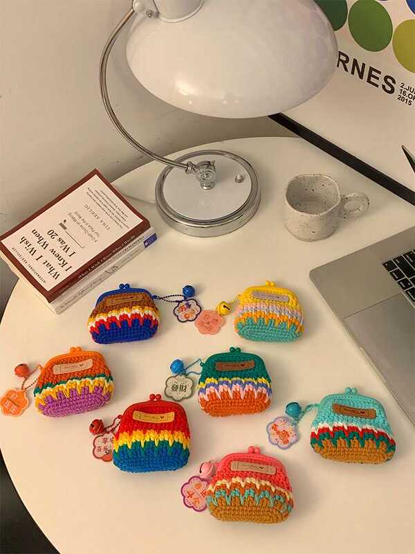 Wool Crochet Rainbow Color Gold Bag Hand-Knitted Coin Purse DIY Material Bag Headphone Bag Gift for Best Friend