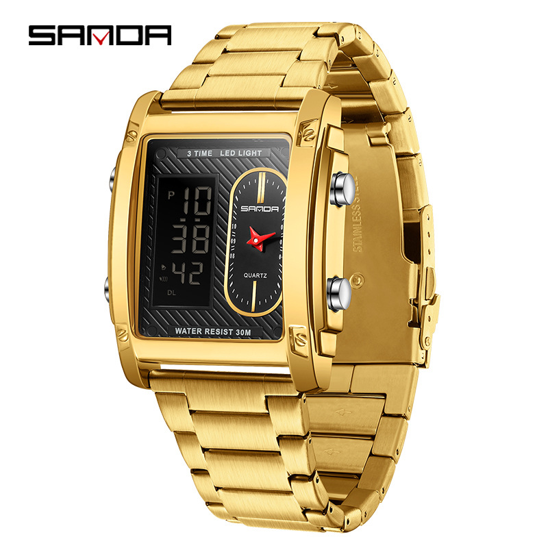 Sanda reloj electrónico de moda para hombres creativo reloj electrónico de doble movimiento multifuncional reloj de cuarzo eléctrico impermeable