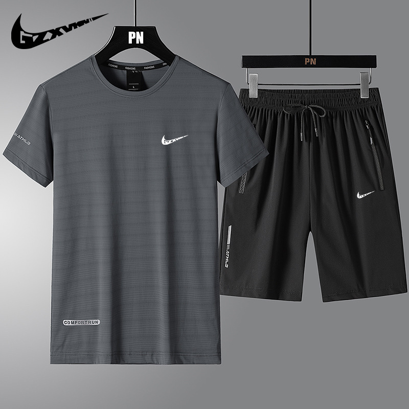 Men's 2025 Summer Ice Silk Sports and Leisure Suit Men's T-Shirt Short-Sleeved/Shorts Quick-Drying Running Fitness Two-Piece Set