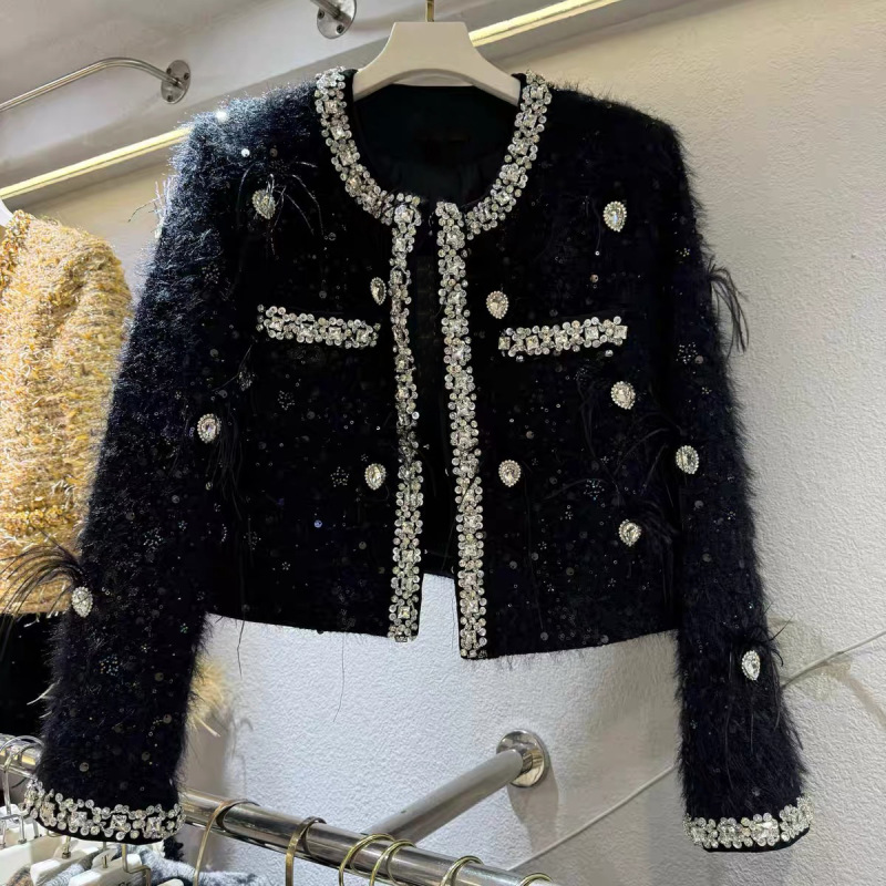 2026 French-Style Heavy-Duty Rhinestone Chanel-Style Jacket with Ostrich Feather Design, down Coat Cardigan