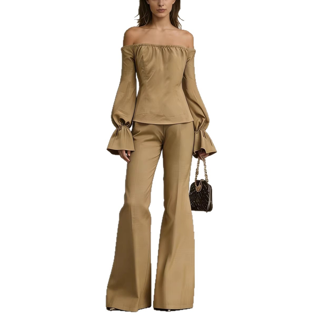 Elegant Off-Shoulder Puff Sleeve Women's Top with Wide Leg Pants Two-Piece Set European And American Style Fashionable Clothing for Women_ecoleips.com