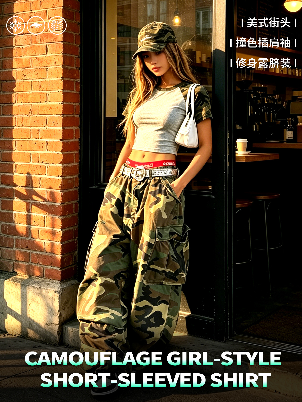Ropa de mujeres RS| Cross-border American Street Girl Camuflaje de manga corta camiseta de manga corta para mujeres 210G delgada T corta