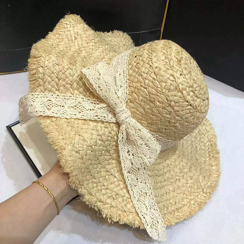 Hand-Woven Flower Raffia Straw Hat For Women, Summer French Wide Brim Sun Protection Hat For Beach Vacation - Thumbnail 6