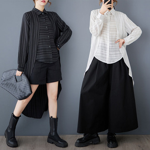 Real shot 2025 Spring and Autumn New Fashion All-match Striped Front Short Back Long Irregular Casual Dovetail Shirt