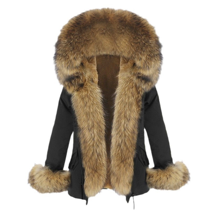 Damkläder höst och vinter ny avtagbar rävpälskrage kort mode varm parka pälskappa_voghion.com
