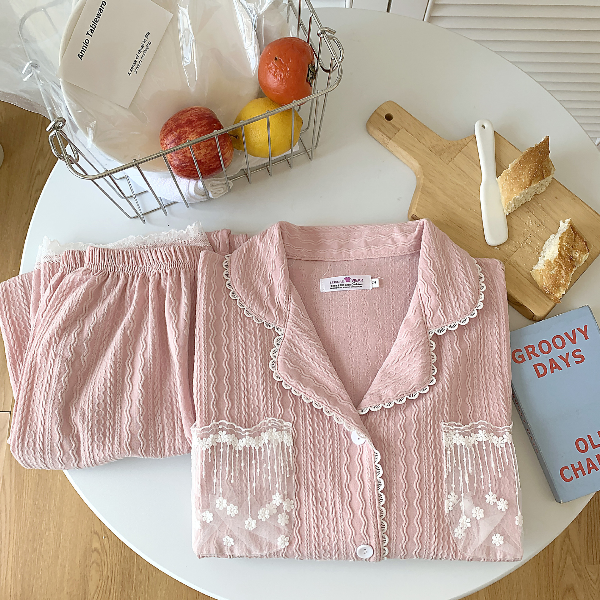 Estilo Chanel Sucio rosa pijamas de las mujeres jacquard algodón solapa cardigan manga larga otoño y el invierno dulce niña casual desgaste del hogar traje