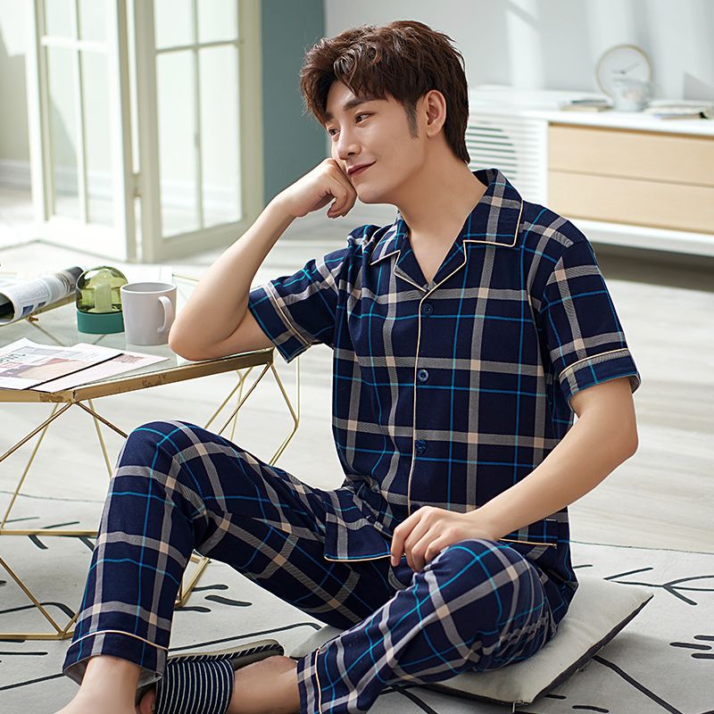 Pijamas pantalones de manga corta para hombres algodón verano delgado cardigan solapa ropa para el hogar más traje de tamaño
