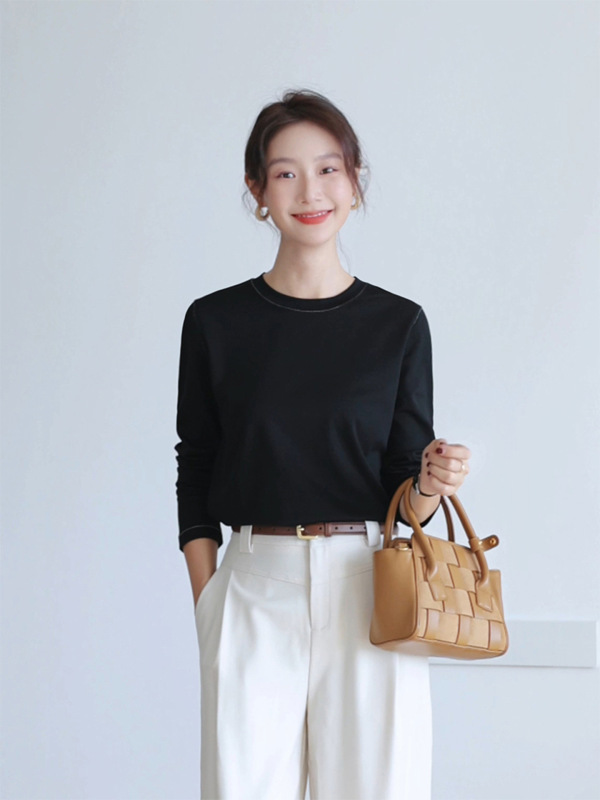 纯色早秋款长袖T恤女宽松简约气质通勤设计感棉T圆领打底衫上衣|undefined
