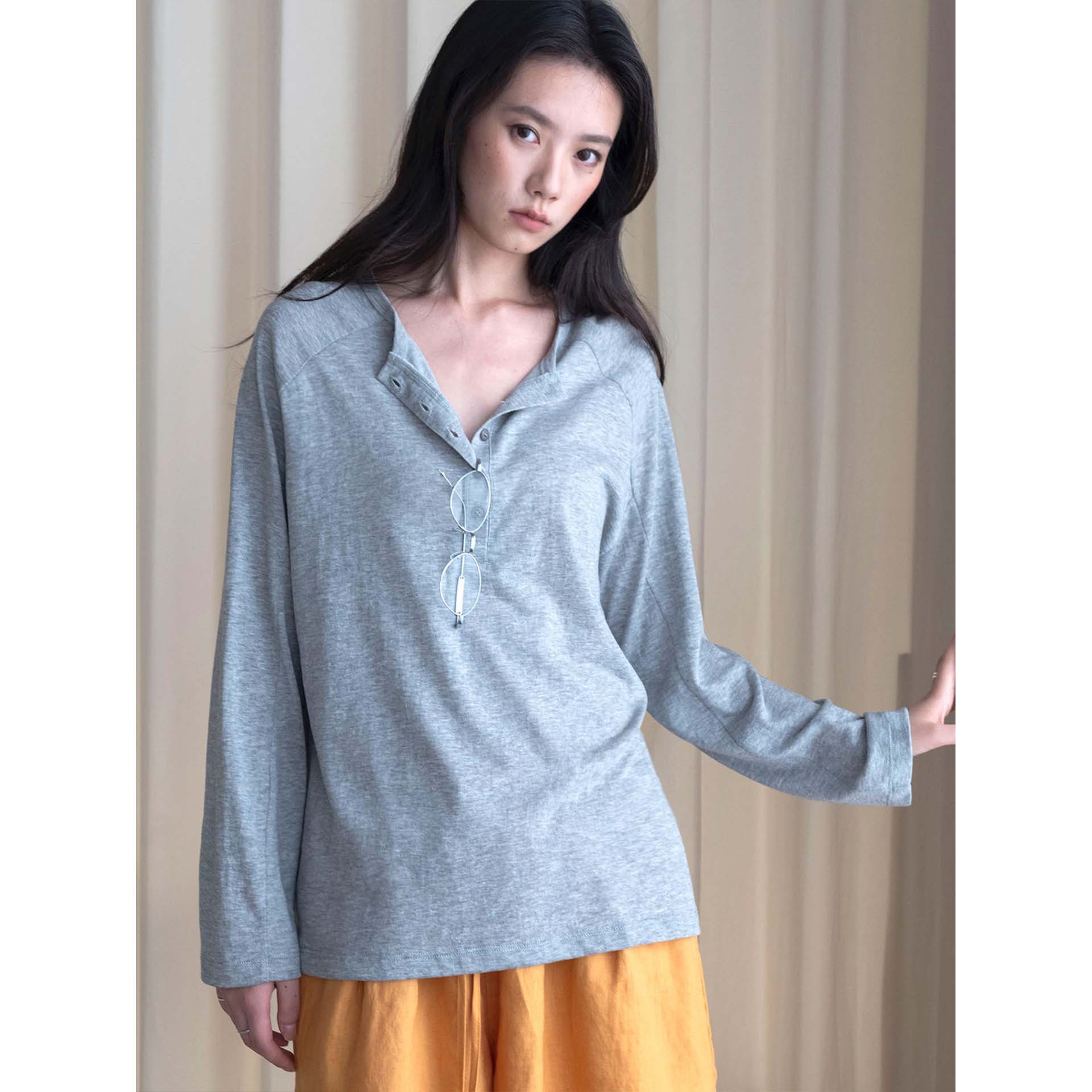 Louvre early autumn new Korean style simple and lazy Henley collar slimming mulberry silk linen T-shirt for women