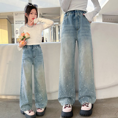女童燙鑽牛仔褲2024春裝新款兒童春秋寬鬆闊腿褲休閒百搭直筒褲子