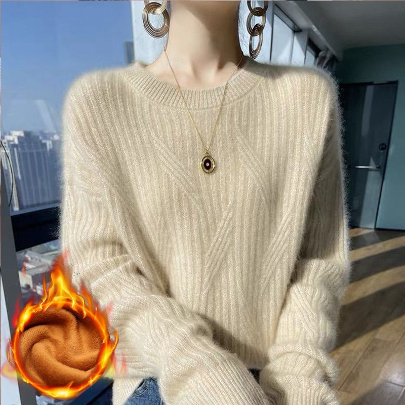 Women's Sweater Autumn/Winter New Fashion Versatile Knitted Pullover Crew Neck Korean Style Base Shirt Top with Fleece Lazy Style