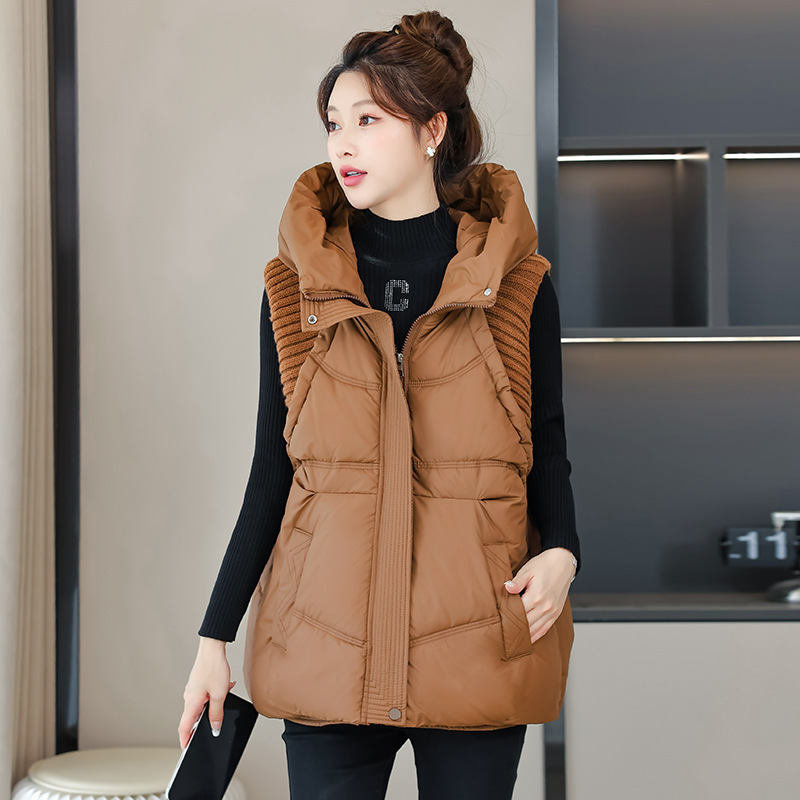 Cotton Vest Women's Short Knitted Splicing Hooded Loose and Versatile 2025 Autumn and Winter New Thickeneded Cotton Vest Cotton Vest
