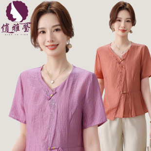 New Chinese Style Middle-Aged and Elderly Women's Summer New Shirts Embroidered Elegant Loose Large Size Mother's Short-Sleeved Shirts