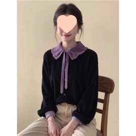 2026超火减龄黑色撞色娃娃领丝绒上衣女春设计感漂亮气质小衫