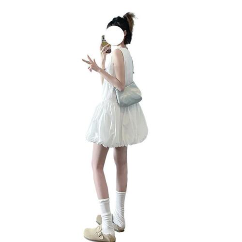 Váy li n thân white sleeveless vest dress women's loose flower bud short skirt