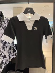 Spring and Summer Korean Style Golf Women's Lapel Black and White Stitching Fashionable Versatile Short-Sleeved T-Shirt