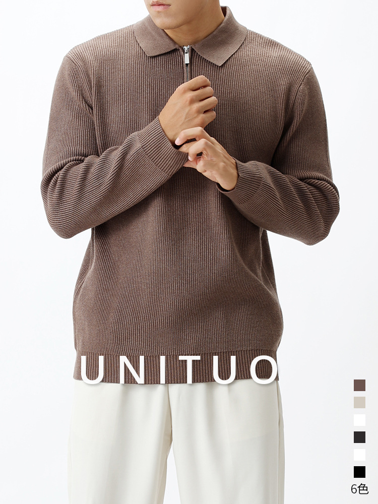 Lujo ligero hombre con cremallera de manga larga de punto hombre polo camiseta de fondo Casual versátil otoño invierno nuevo suéter