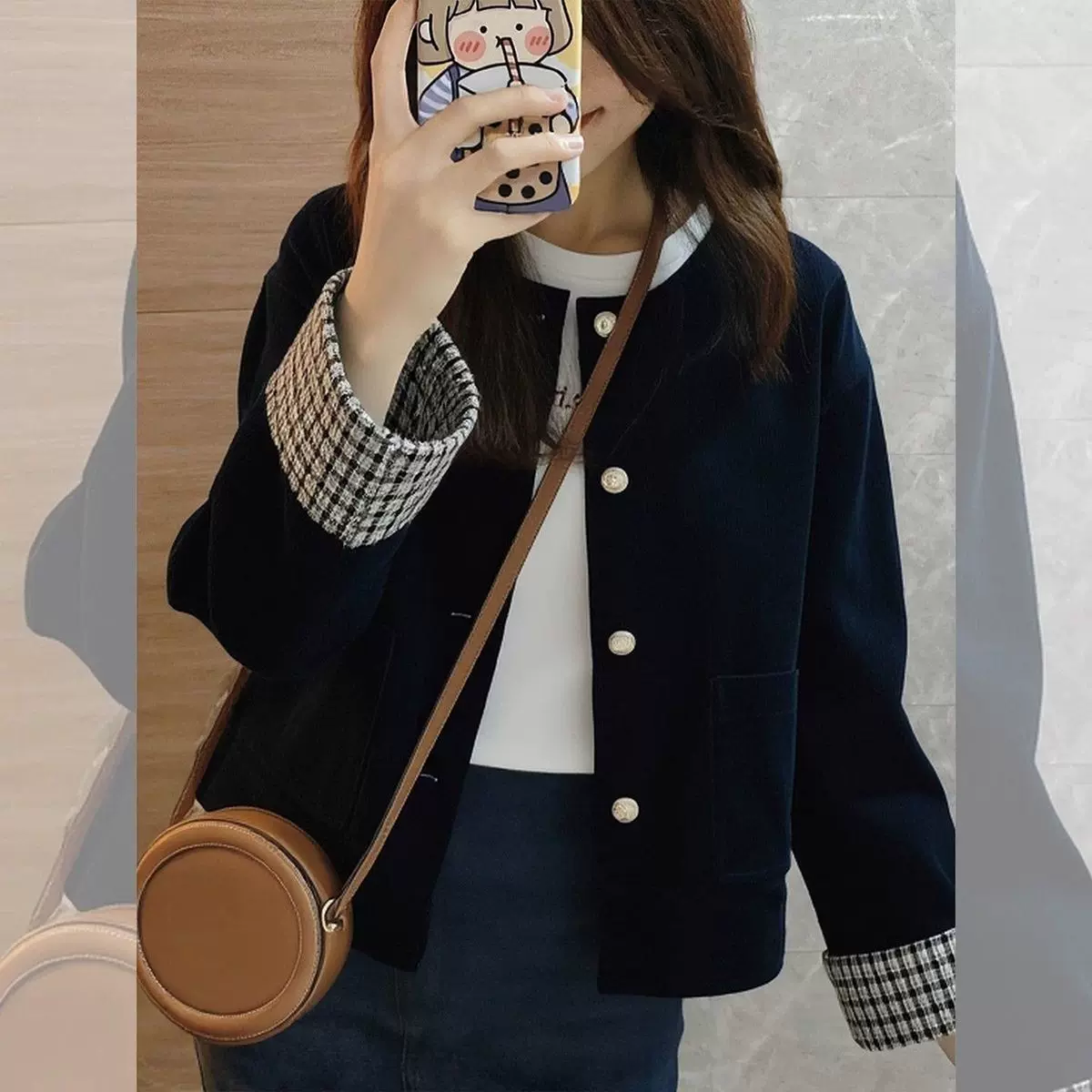 2026年早春新款气质复古格子拼接夹克藏蓝色灯芯绒秋冬短款外套女