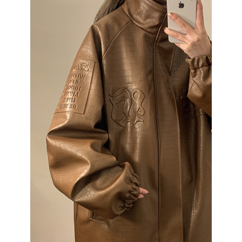 2024 spring and autumn neutral crocodile pattern steel seal new pattern letter design trendy casual jacket men's leather jacket