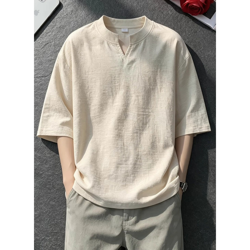 Solid Color V-Neck Faux Linen Short-Sleeve Men's Summer Thin Breathable Half-Sleeve Top Trendy New Cotton-Linen Basic T-Shirt Solid Color V-Neck Faux Linen Short-Sleeve Men's Summer Thin Breathable Half-Sleeve Top Trendy New Cotton-Linen Basic T-Shirt