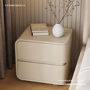 Cream Style Bedside Table Light Luxury Small Solid Wood Leather Bedroom Style Installation-Free Bedside Table Minimalist Storage Cabinet