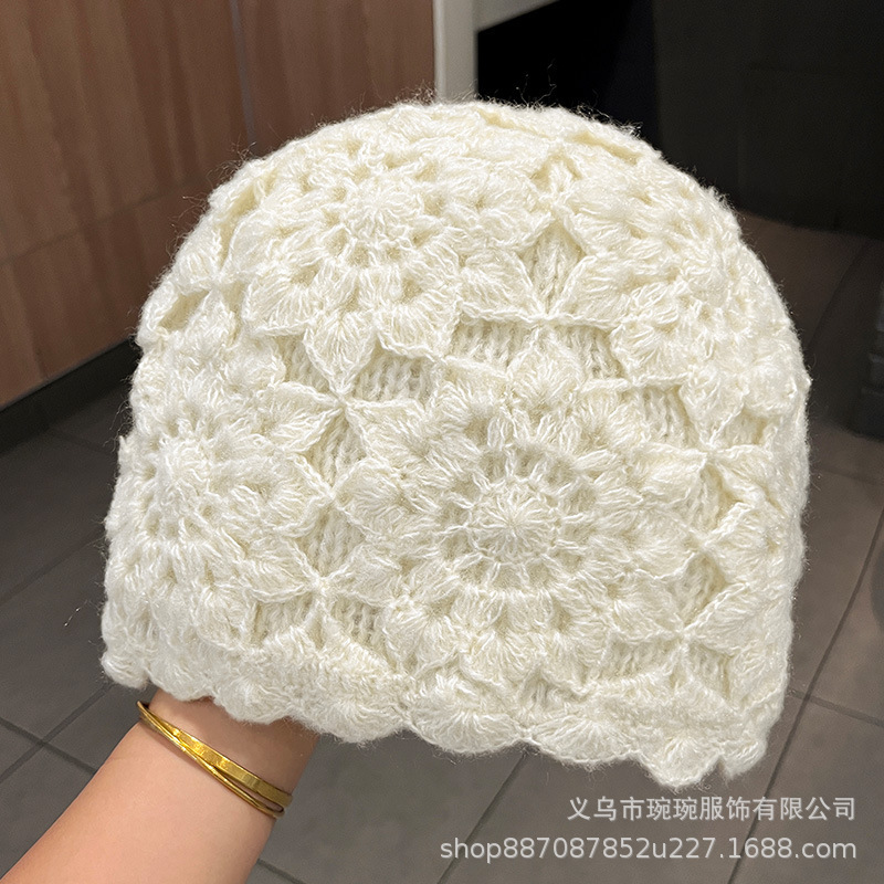 手工钩花双层加厚包头帽子女秋冬韩版百搭保暖针织时尚洋气毛线帽|undefined