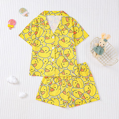 跨境外贸新款四季中童女孩睡衣套装短袖短裤开衫印花kid pajama