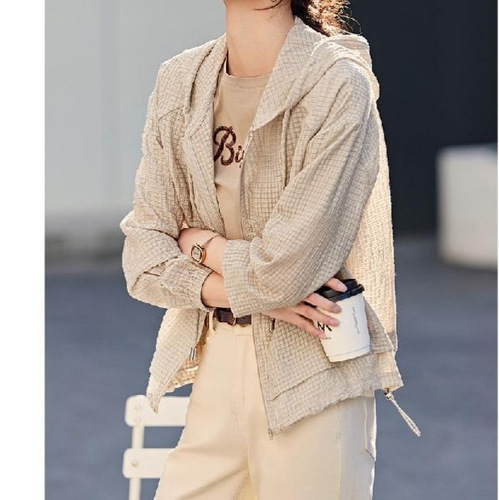 Textured Casual Hooded Jacket for Women - Spring Commute, Simple, Elegant, Versatile, Lightweight, Tencel Top