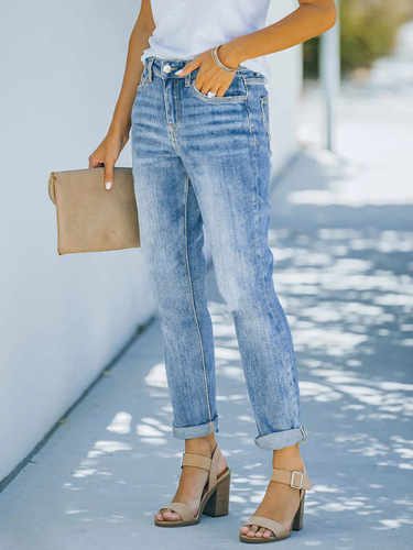 Cross-border European and American light-blue stretch denim skinny straight-leg pants, cigarette pants—available for dropshipping from TEMU, Amazon, Shein, and overseas warehouses.