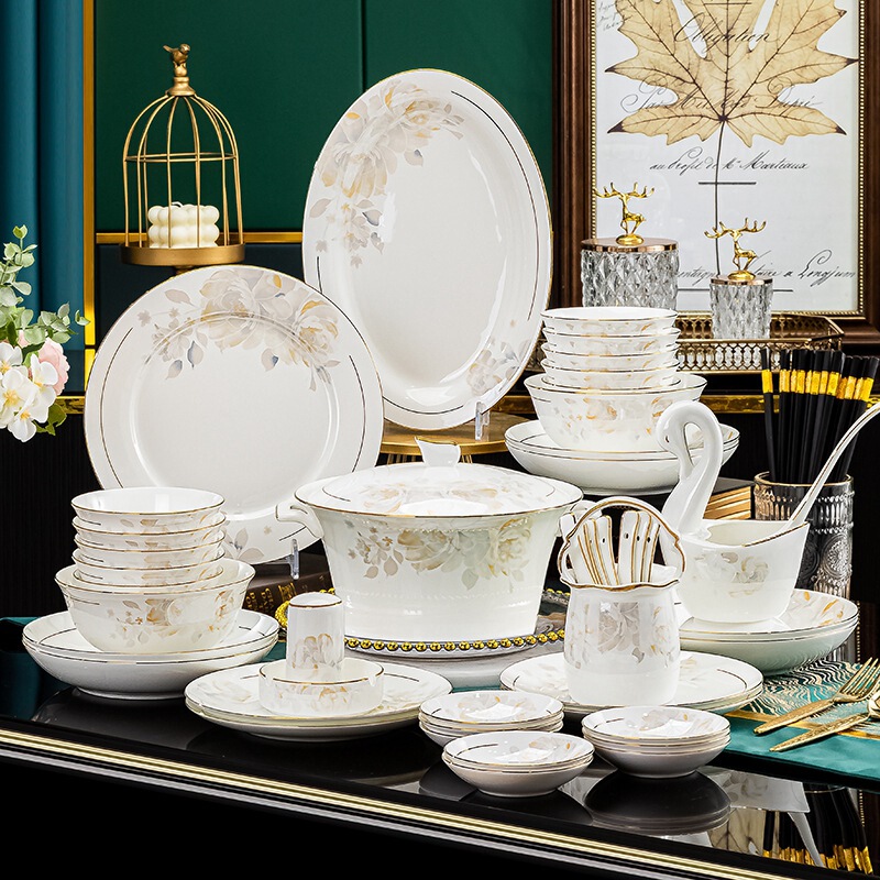 Bowl and dish suit Jingdezhen High-end new bone china tableware household European Bowl and dish bowl and chopsticks full set gift wholesale Bowl and dish suit Jingdezhen High-end new bone china tableware household European Bowl and dish bowl and chopsticks full set gift wholesale