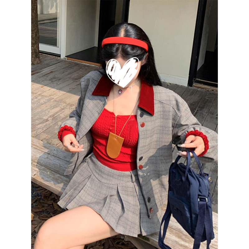 美式小众复古学院风宽松格纹短款长袖外套女2025新款短裙两件套装|undefined