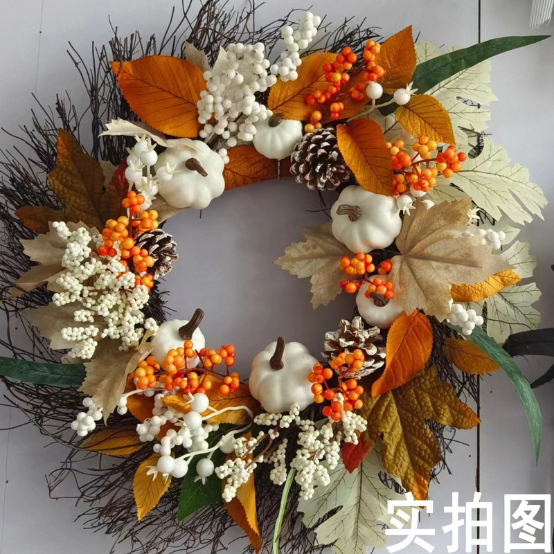 Zonghong 秋の色感謝祭綿メープルの葉松ぼっくり花輪白いメープルの葉カボチャの装飾壁掛けドア装飾|undefined