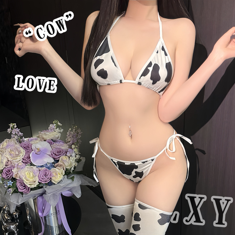 Sexy Intimates Cos Cow Three-Point Sexy Bikini Bra with Panties Lace-Up Large Size Cross-Border 4124