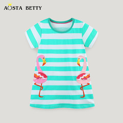 歐美風格女童短袖連衣裙卡通刺繡貼布公主裙夏季新款條紋圓領童裙