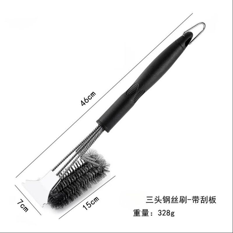 跨境烧烤刷清洁刷不锈钢钢丝刷油刷烧烤架烤炉烤网清洁三头带刮刀|undefined