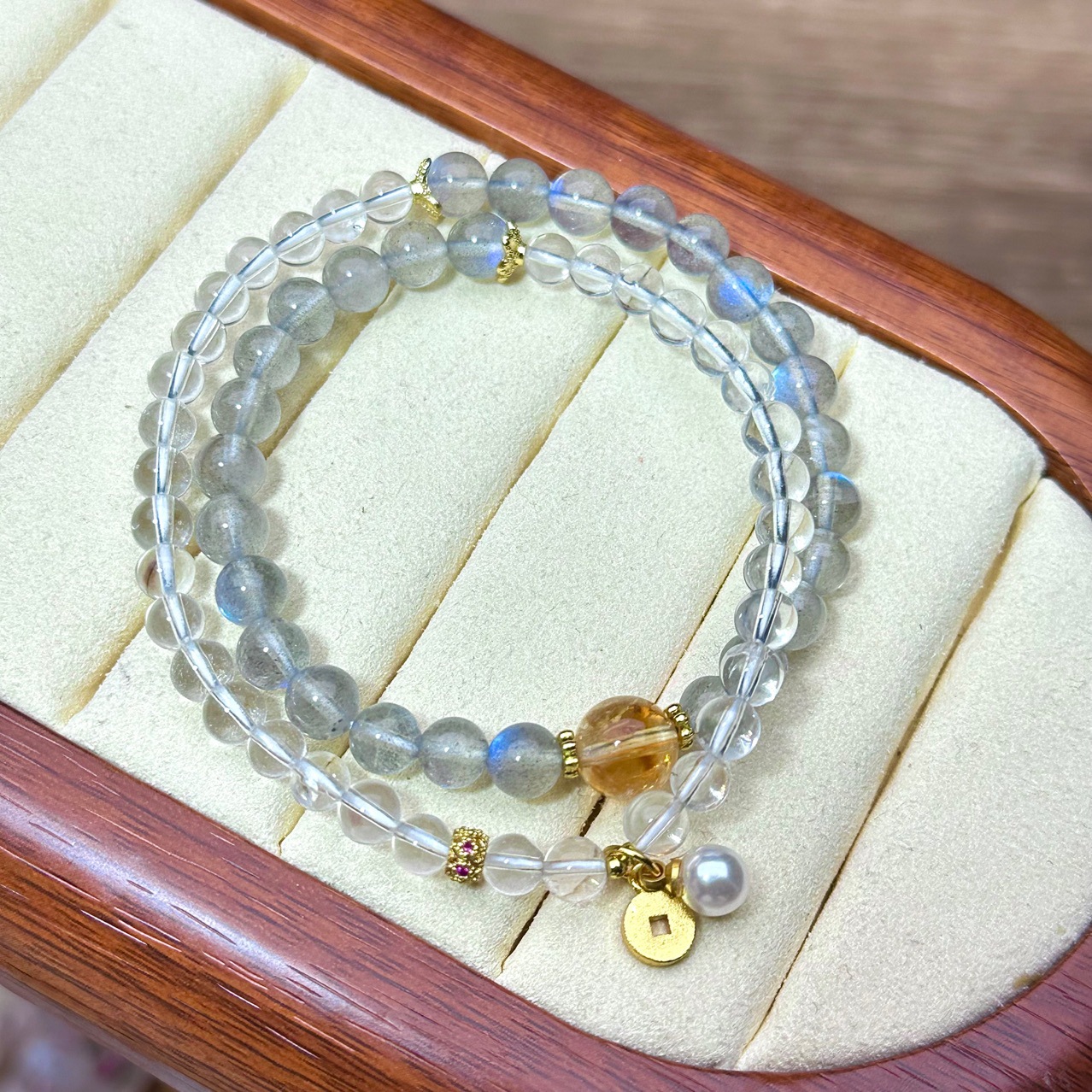 天然白水晶月光石拉长石搭配黄水晶双圈手链
