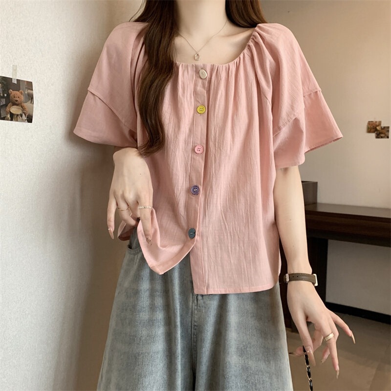 Summer Style Colorful Button Puff Sleeve Cotton and Linen Short-Sleeve Shirt, Plus Size Loose Fit, Tummy-Concealing, Youthful Doll-Style Women's Top