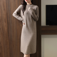 半高领亮片100%纯羊毛针织打底女中长款连衣裙百搭显瘦过膝毛衣裙