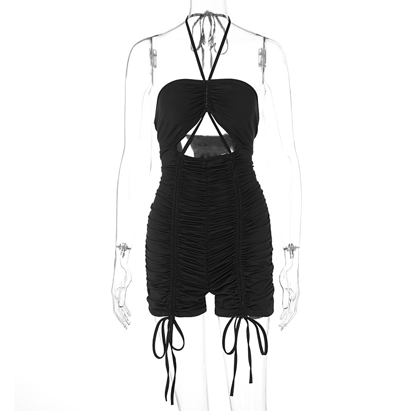 Summer Hollow Out Cutout out Tied Halter Drawstring Shorts Jumpsuit Women Clothing