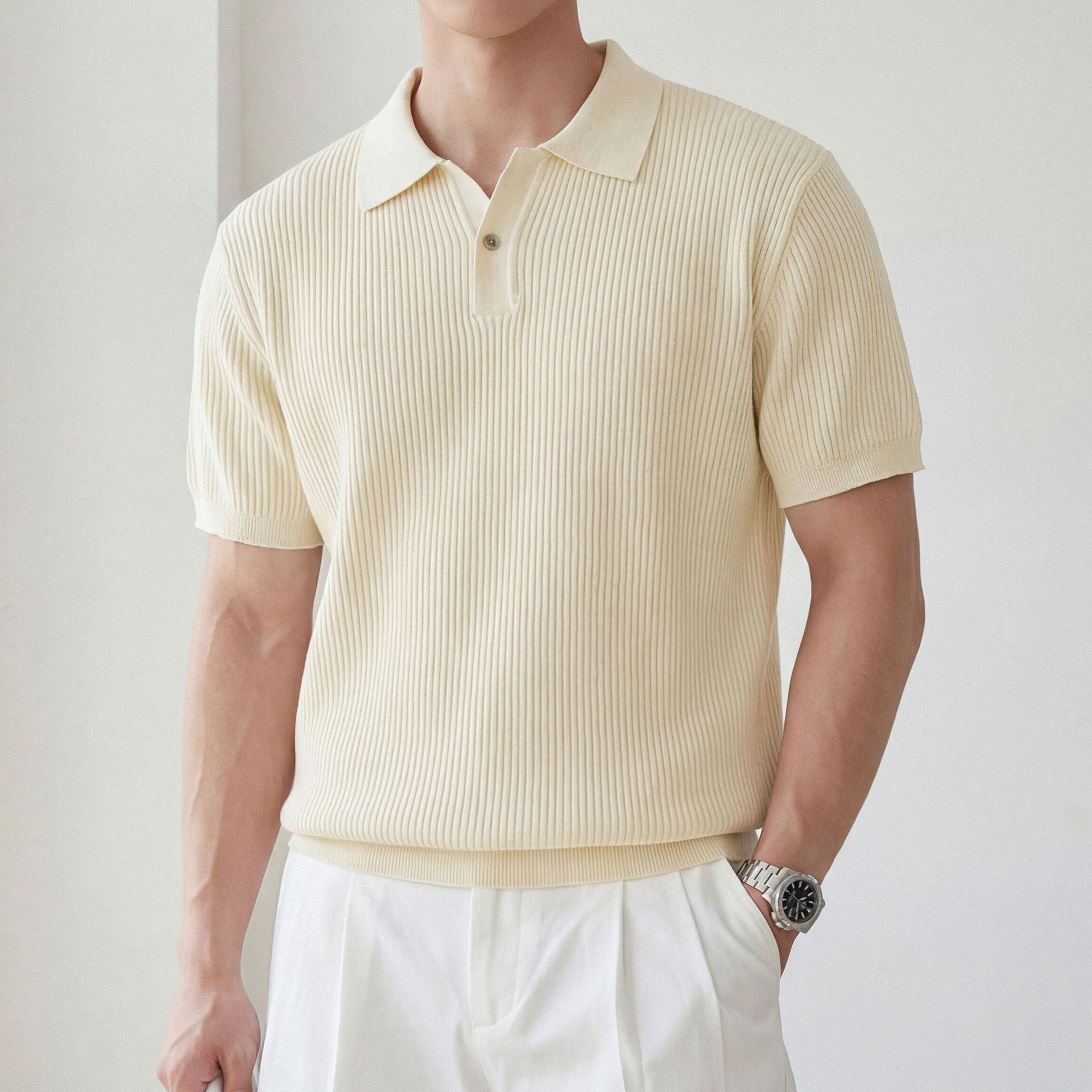 Polo camiseta de punto camiseta de manga corta camiseta de hombre cuello en V Paul rayas viejas líneas de negocios de verano fábrica transfronteriza mayorista