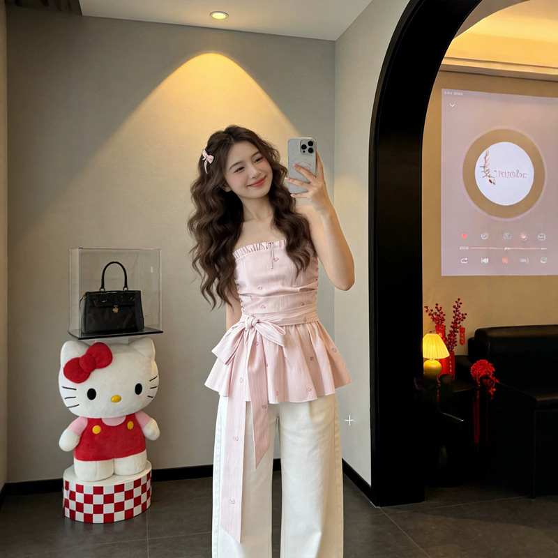 Pink Sleeveless Tube Top for Women, Summer Outerwear with Tie-Up Waist, Stylish Girly Style, Strapless Tank Top