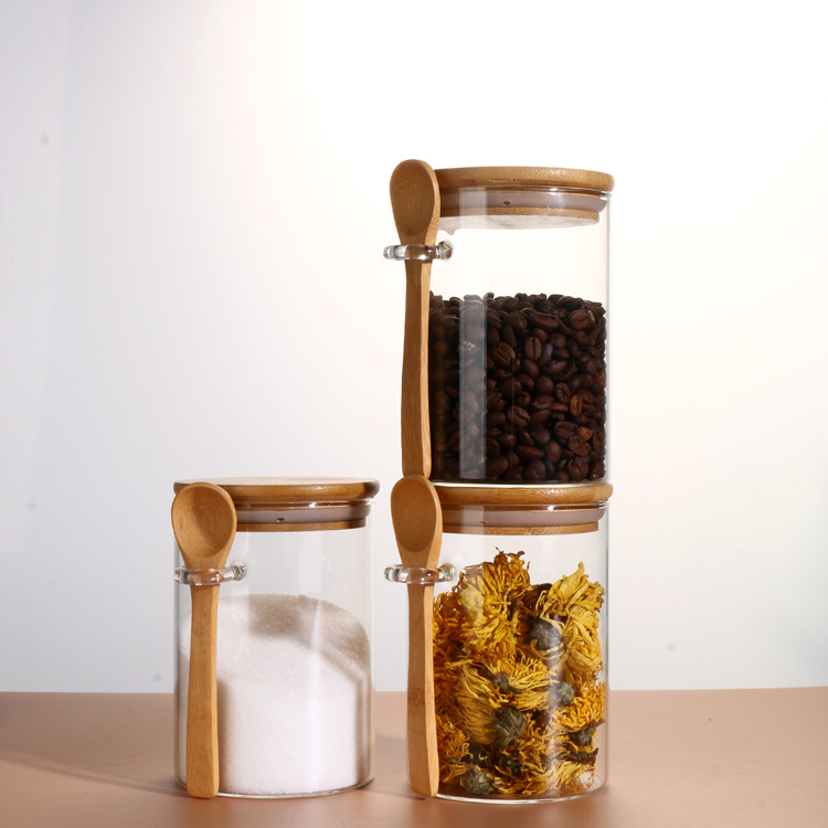 Wholesale con cucharas de vidrio, granos de café, flores de té, tanque de almacenamiento sellado con cucharas de mantenimiento fresco, condimento circular, tanque de almacenamiento