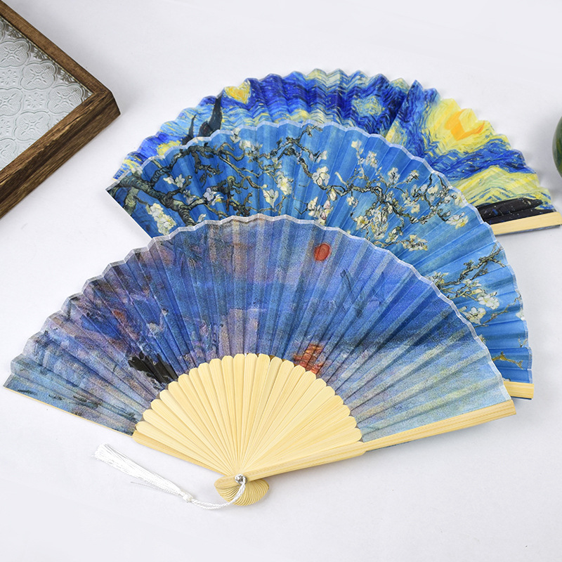 En stock nuevo producto Erqing Europea famosa pintura Starry Moon noche ventilador de seda las mujeres 21CM recta hueso