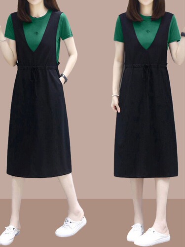 Large size women's clothing 2025 new style Korean loose slimming black dress for women's summer waist waist temperament small black dress