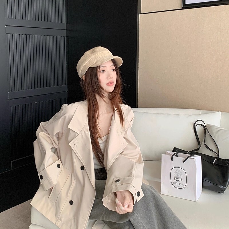 韩系小众慵懒气质短款风衣外套女2025秋季新款英伦风立领收腰上衣|undefined