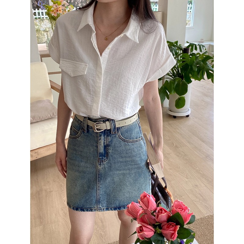 3Th Morning Linen Top Texture Fashionable Flip Fake Bag Polo Loose Short-Sleeved Shirt Zy1881
