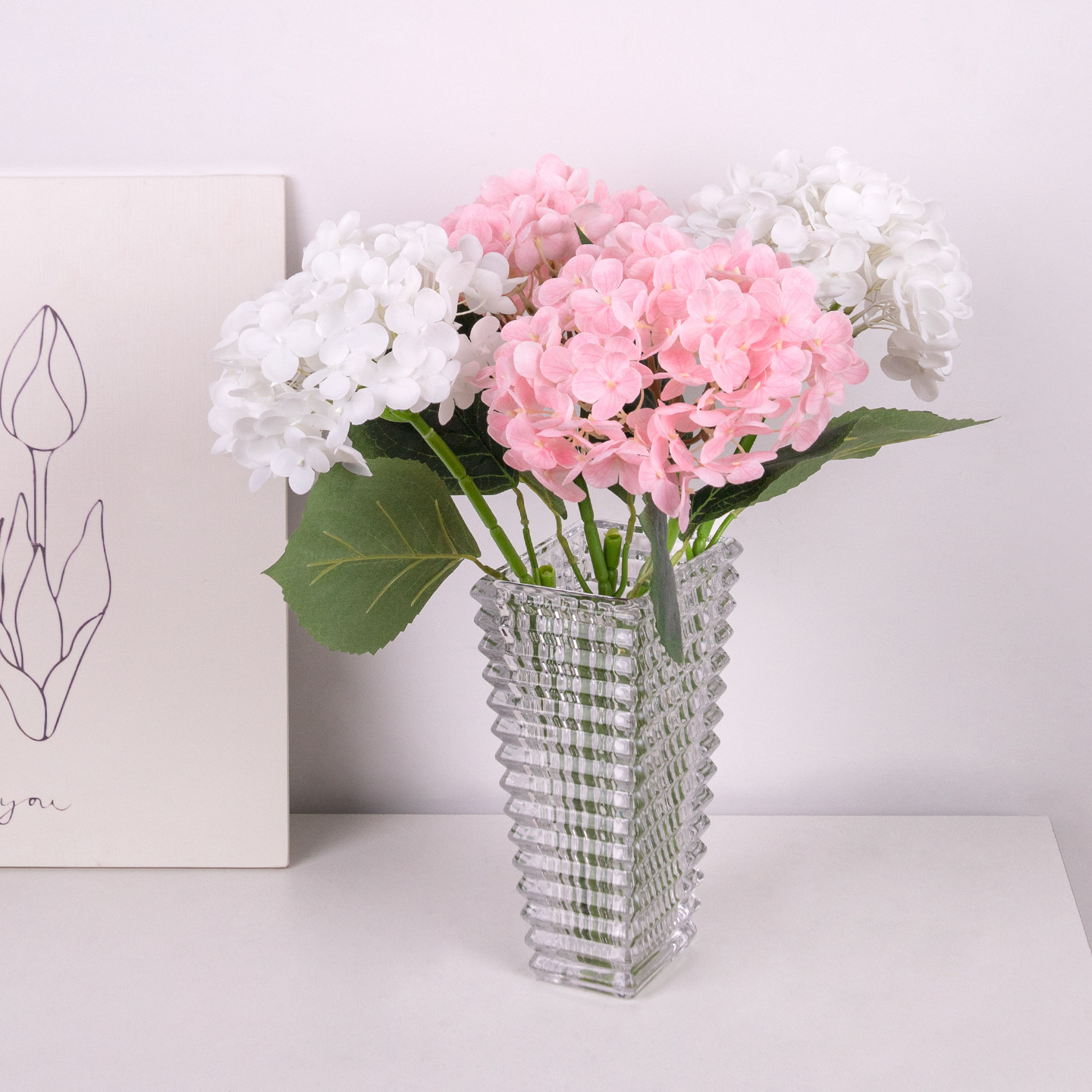 Humectante 3D sensación de imitación de flores de hortenida decoración floral hotel diseño de boda flores falsas película al por mayor hortenida