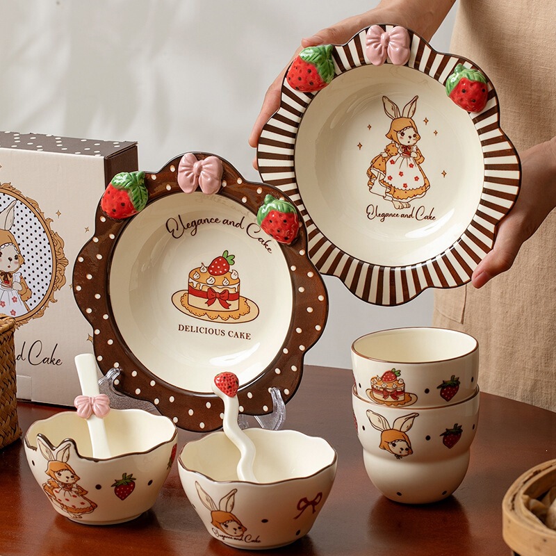Factory Rabbit Ceramic Bowl and Plate Set, Underglaze Color Tableware Set, High Aesthetic Value Rice Bowl, Eating Bowl, Soup Bowl, Soup Plate Factory Rabbit Ceramic Bowl and Plate Set, Underglaze Color Tableware Set, High Aesthetic Value Rice Bowl, Eating Bowl, Soup Bowl, Soup Plate