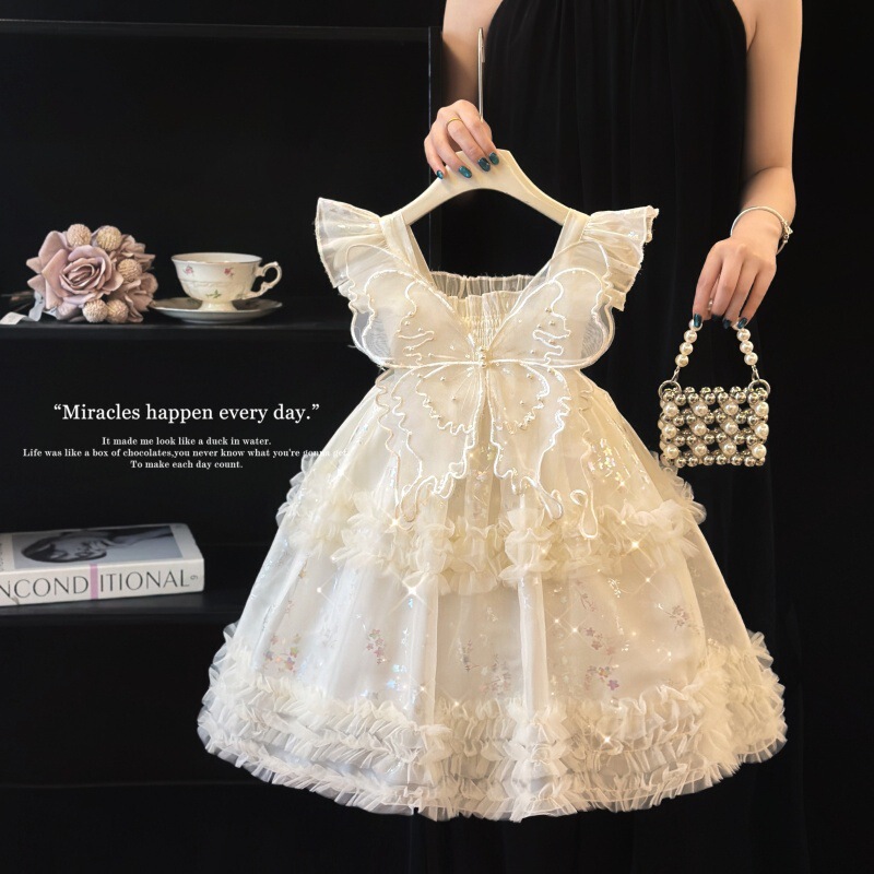 Girls' Princess Dress Summer 2026 New Style Beautiful and Stylish White Dress for Girls with Butterfly Wings