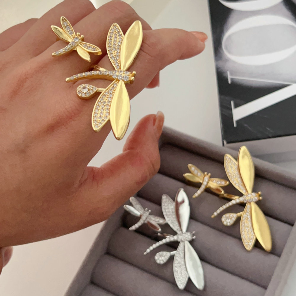 Dragonfly Pattern Women's Gender Exaggerated Dragonfly Alloy Plating Inlay Rhinestones Women's Open Rings